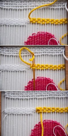 three pictures showing how to do an embroidery project with two different stitches, one yellow and the other red