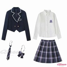 Qteee - Professionally Crafted 5-Piece JK Uniform Embroidery Set School Uniform Sets With Long Sleeves, Cotton School Uniform Sets, Preppy Cotton School Sets, Preppy Fitted Cotton Sets, Preppy School Sets For Spring, White School Uniform Sets, Cute Kawaii Outfits, Skirt Bow, Jacket Shirt