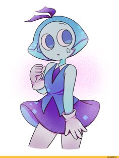 an image of a cartoon character with blue hair and purple dress, standing in front of a