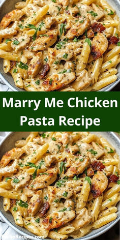 chicken pasta in a skillet with sauce and parmesan cheese