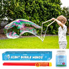 a young boy is playing with bubbles in the grass and an image of a giant bubble wand