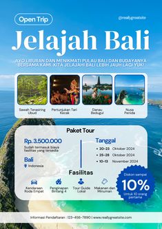 the flyer for jejajah bali tour is shown in blue and green colors