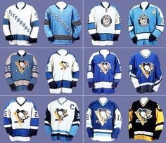 hockey jerseys are displayed on display in different styles and colors, including blue, white, black