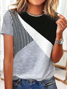 Affordable price buy T-shirts on Zolucky, SPU: 2940T-1U2722, Color: Gray, Edition type:Loose, Thickness:Regular. New Style Tops, Harajuku Women, Casual Stripes, Hipster Fashion, Short En Jean, Casual Look, Plus Size Casual, Street Styles, Top Casual