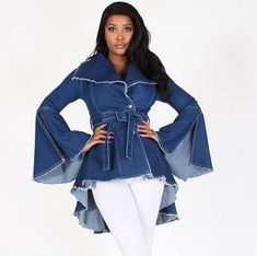 Denim High Low Jacket High Low Trench Coat, High Low Tops Shirts Blouses, Denim Wedding Dresses, High Low Shirt Dress, 1920s Shoes, High Low Fashion, Denim Wrap Skirt, Denim Wedding, Master Bathrooms