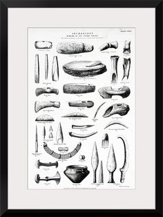 an illustration of different types of knives and spoons in black framed art print by american school