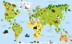 the world map with animals and trees on it's sides, all in different colors