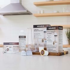 the contents of a neuric skin care kit sitting on a kitchen counter top