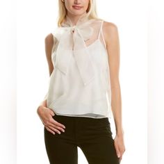 Amanda Uprichard Imelda Blouse With A Trendy Oversized Tie At The Neck. Dress This Top Up With A Skirt Or Keep It More Casual With A Pair Of Jeans. Sleeveless Blouse 100% Silk Detachable Cami Included Tie At Neck Dry Clean Only Questions? Leave A Comment Below! Sheer Silk Tops For Daywear, Sheer Silk Tops, Designer Silk Sleeveless Tops, Designer Sleeveless Silk Top, Amanda Uprichard, A Skirt, Silk Top, Sleeveless Blouse, Neck Dress