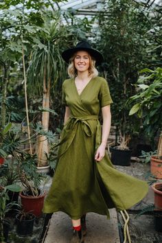 Lisbon Dress Wrap Linen Dress Green Linen Dress - Etsy Green Short Sleeve Maternity Dress For Summer, Green Fitted Short Sleeve Wrap Dress, Fitted Green Wrap Dress With Short Sleeves, Fitted Green Maternity Dress With Short Sleeves, Green V-neck Maternity Dress For Summer, Modest Green A-line Dress, Modest Green Maxi Length Dress, Modest Maternity Dress With Short Sleeves, Green Maxi Length Maternity Dress