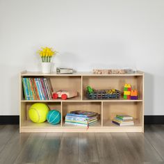 a wooden shelf with books and toys on it