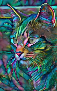 an abstract painting of a cat's face with green, pink and blue colors