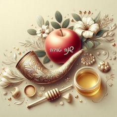 an apple, pipe, honey and other items are arranged on a white background with flowers