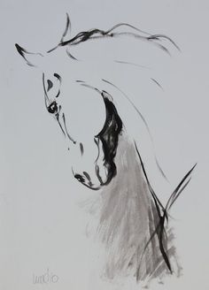 a black and white drawing of a horse with its head turned to the side,