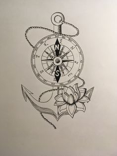 a drawing of an anchor and compass with flowers on the side, in black ink