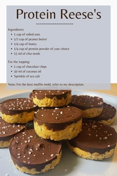 chocolate and peanut butter cookies on a plate with text overlay that says, protein reese's