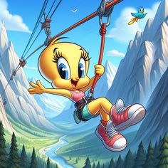 a cartoon character flying through the air while riding a zip line over a mountain range