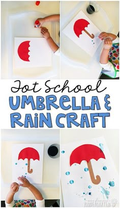 kids are making umbrellas out of paper and raindrops with the words art school umbrella & rain craft