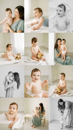 a collage of photos with babys and moms in the same photo studio