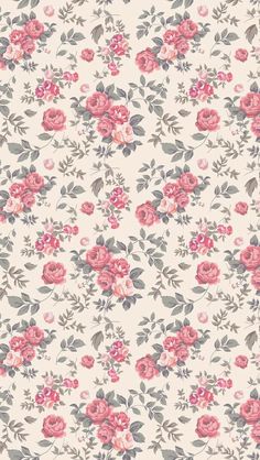 a floral wallpaper with pink and grey flowers on it's white back ground