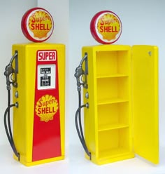 an old yellow shell pump with a red shelf next to it that says super shell