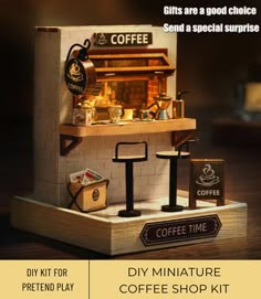 the miniature coffee shop is made out of wood