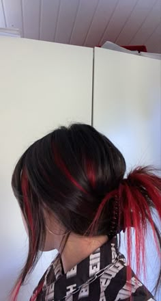 Black With Red Streaks Hair, Red Highlights For Black Hair, Red Highlights On Curly Black Hair, Under Red Hair Dye, Black Hair With Red Highlights Underneath, Red Hair Dye On Black Hair, Black And Red Hair Color Ideas, Black Hair Color Streaks, Blended Money Piece Hair Red