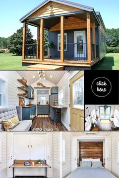 this tiny house is built in the middle of a field and has lots of storage space