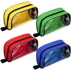 four different colored zippered pouches on white background