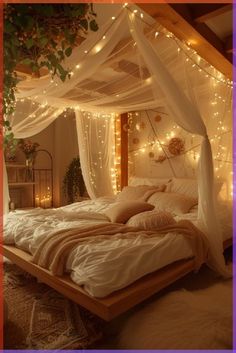 a bed with white sheets and lights on it