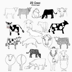 the farm animals are drawn in black and white