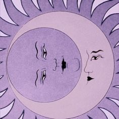 a drawing of a sun and moon with faces in the same circle on purple paper