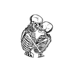 a drawing of two skeletons sitting next to each other, one holding the other's head