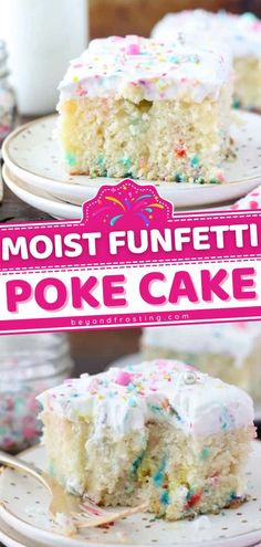 Homemade Funfetti Poke Cake, funfetti desserts, sweet treats White Cake Poke Cake Recipes, Funfetti Poke Cake, Polk Cake, Homemade Poke, Easy Birthday Desserts, Creamy Cake, Poke Cake Recipe