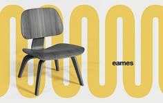 an image of a chair with the words eames in front of it on a yellow and white background