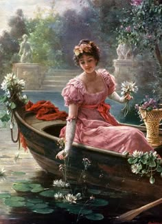 a painting of a woman in a boat with flowers