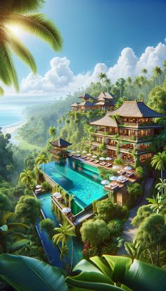 an artist's rendering of a tropical resort in the middle of trees and water