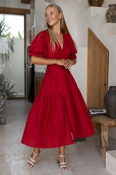 Peony. Red midi dress in organic linen with ruffled gathered sleeves – ELF Linen Belt, Peony Dress, Visor Hairstyles, Elf Dress, Divine Beauty, Flattering Dress, Romantic Evening, Flattering Dresses, Red Midi Dress