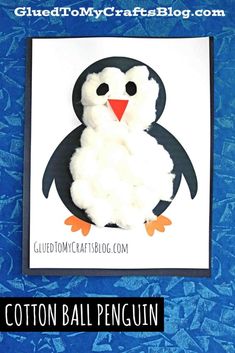 a penguin made out of cotton balls on a blue background with the words cotton ball penguin