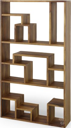 a wooden shelf with several cubes and shelves on each side, all in different sizes