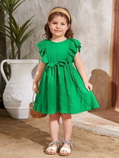 Green Cute Collar Cap Sleeve Woven Fabric Plain A Line Embellished Slight Stretch  Young Girls Clothing A Line Dress For Kids, Girl Green Dress, Green Dress Outfit, Frocks For Girls, Frock Design, Casual Girl, Kids Sleepwear