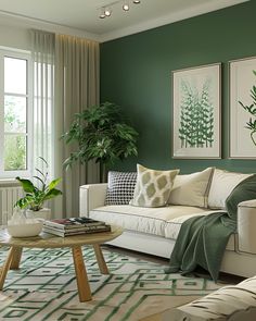 a living room with green walls and white furniture in the corner, two plants on either side of the couch