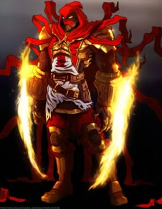 a cartoon character in armor with flames around his legs and arms, standing on a dark background