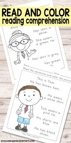 two reading worksheets with the words read and color on them, including an image of