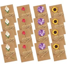 six different colored flowers on brown envelopes