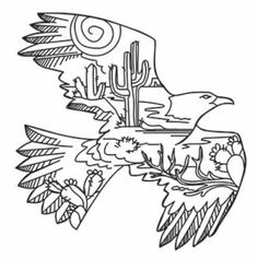 a drawing of an eagle flying over cactuses