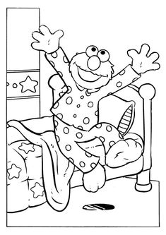 the sesame character is sitting in bed with his arms up and legs spread out,