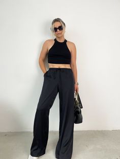 high waisted wide leg silk trousers in black, silk trousers, silk pants, black silk pants, plus size silk pants Black Satin Summer Bottoms, Black Satin Wide-leg Pants, Silk Wide Leg Pants For Night Out, Black Silk Wide Leg Bottoms, Black Silk Wide-leg Pants, Black High Waist Satin Pants, Black Satin High Waist Pants, Black Wide Leg Ankle-length Pants For Evening, Black Satin Wide Leg Bottoms