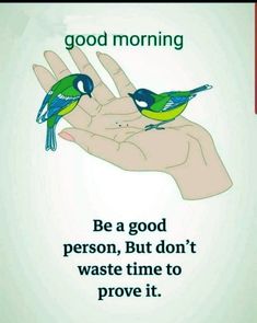 a hand holding two birds with the words good morning be a good person, but don't waste time to prove it