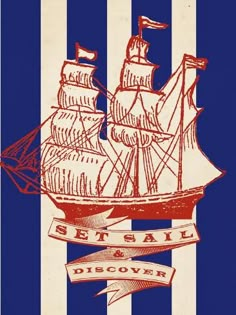 a blue and white striped poster with a ship on it's side that says coastal discovery